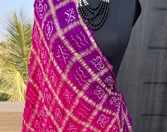 Paars tot Rani Bandhej Gaji SIlk Checks Dupatta, Indiase bruiloft dupatta, Kutchi bandhej, authentieke dupatta stropdas en kleurstof Dupatta