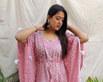 Pink Long caftan, Bandhani kaftan dress, Long cotton night kaftan, Indian handcrafted caftan dress for women cotton soft lounge wear