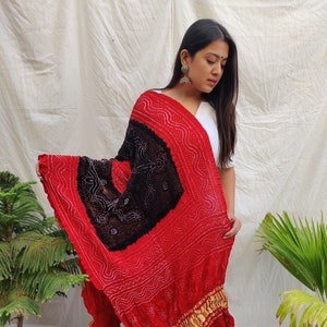 Red Black Bandhani Wedding Gaji Silk Dupatta, Kutchi Bandhani Design Wedding Scarf, Tie And Dye Dupatta, Bandhej Gaji Silk Dupatta