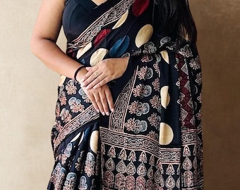 Designer Ajrakh Modal Silk Saree, Hand block Printed, with Blouse Piece