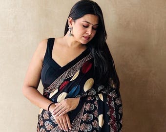 New Sindhu Jal Ajrakh, Designer Ajrakh Modal Silk Saree, Pure Modal Silk Ajrakh Hand block Printed Saree with Blouse piece