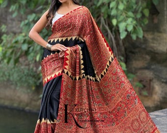 New Sindhu Jal Ajrakh, Modal Silk, Saree, Black & Red Handblock printed saree, Wedding, Brides Saree, Traditional Outfit, Summer Wedding