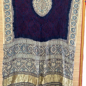 Gaji silk Bandhani ajrakh plus color bandhej  dupatta,Red bandhej dupatta, Traditional Bandhani, white and neavy blue color