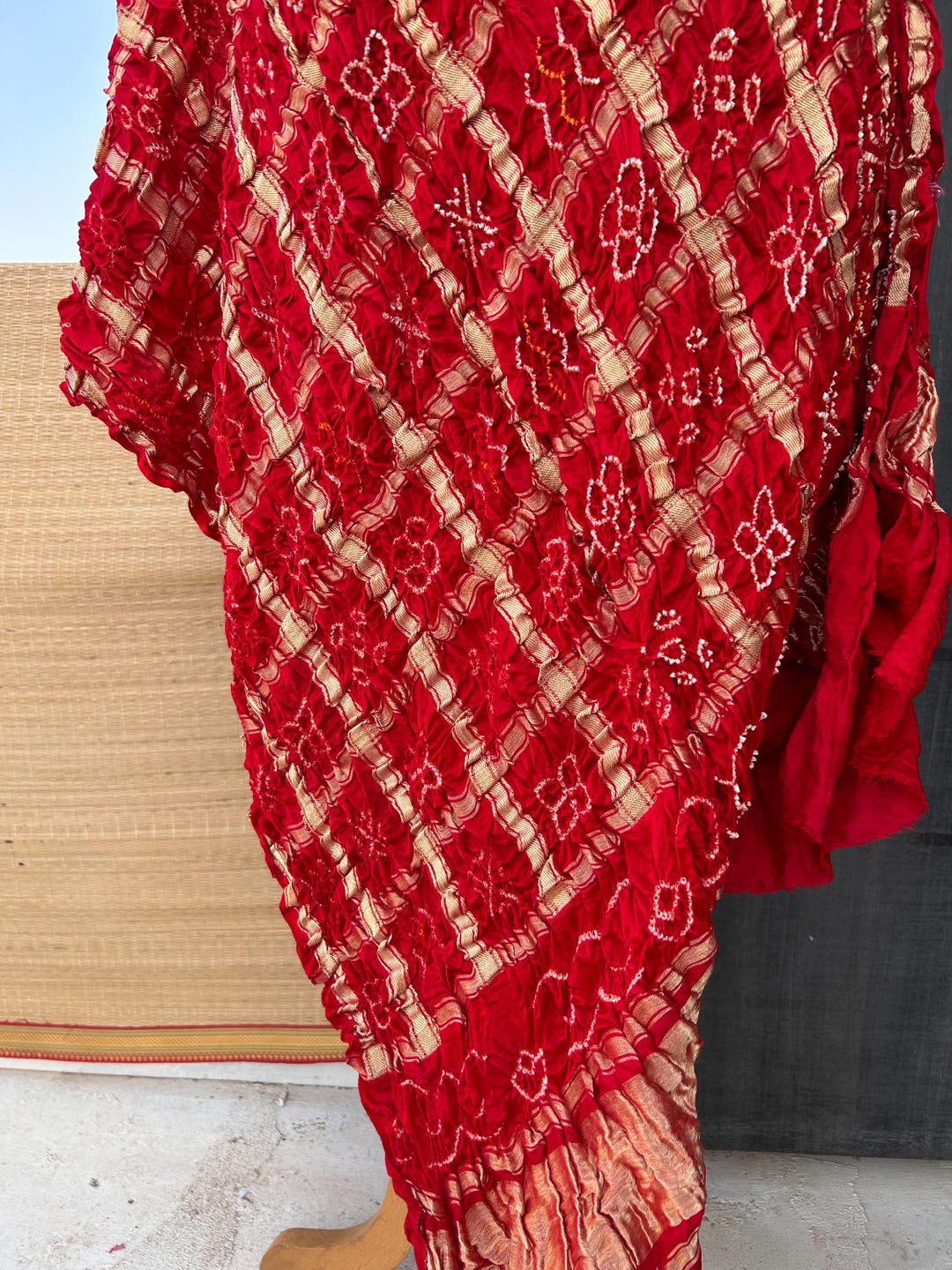 Red Bandhej Gaji Silk Checks Dupatta, Indian Wedding Dupatta, Kutchi ...