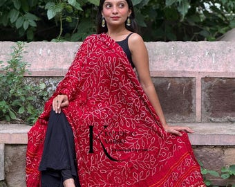 Rouge bordeaux Aambadal Bandhani Dupatta | Dupatta en pure soie Gaji | Bandhej gujarati traditionnel | Dupatta artisanal tie-dye | Étole de mariage