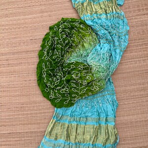seagreen x Parrot Green Bandhani Wedding Gaji Silk Dupatta, Kutchi Bandhani Design Wedding Scarf, Tie And Dye Dupatta