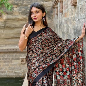 Black Ajrakh Modal Silk Saree with Unstitched Blouse – Handblock Print, 6 Meters