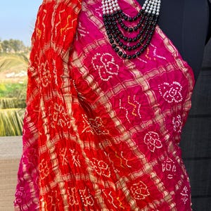 Bandhej Gaji SIlk Checks Dupatta, Authentic dupatta, Kutchi bandhej, Rani Saffron dupatta, Tie and Dye Dupatta, Gift for her