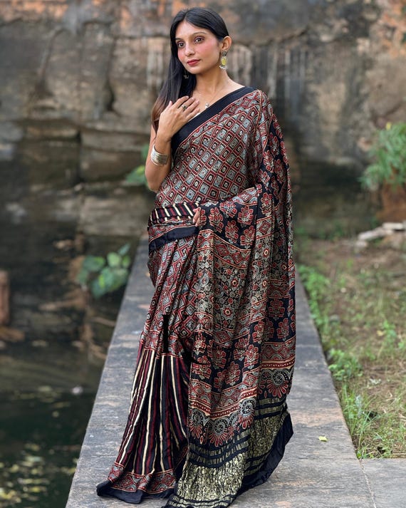 Black Modal Silk Ajrakh Hand Block Print Saree | Kutchi Traditional Sari
