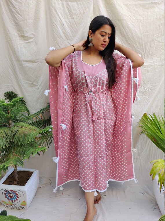 Buy Pink Long Caftan, Bandhani Kaftan Dress, Long Cotton Night