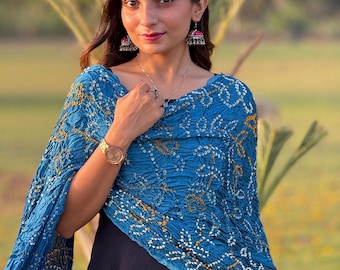 Indian Dupatta, Blue Bandhani Silk Dupatta, indiska etniska kläder, bandhani, Bandhej, handgjorda dupatta för present