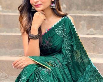 Saree de seda gaji pura hecho a mano / Saree bandhani verde / saree de Bollywood / barco gratis en EE. UU. / saree bandhej multicolor / saree gujarati