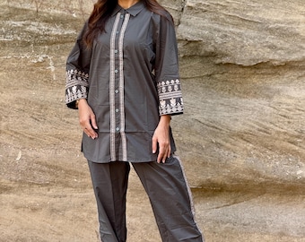 Handcrafted Embroidered Shalwar Suit, Pastel Grey Festive Wear