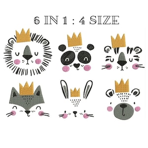 Orso, volpe, lepre, leone, panda, tigre 6 in 1 disegni da ricamo, file da ricamo a macchina di cartoni animati, ricamo digitale di simpatici animali