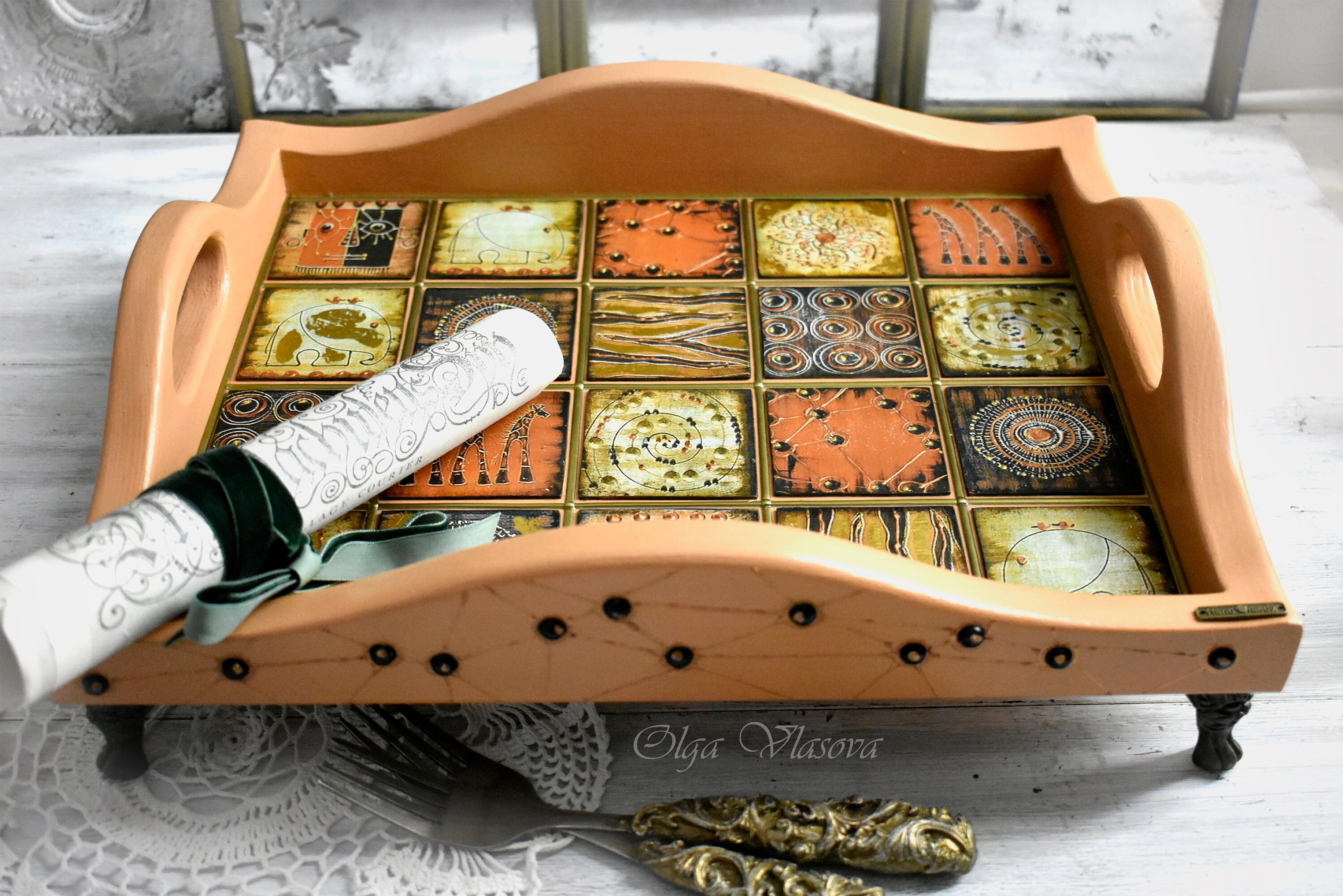 Terracotta wooden serving tray with African decor Decorative Etsy