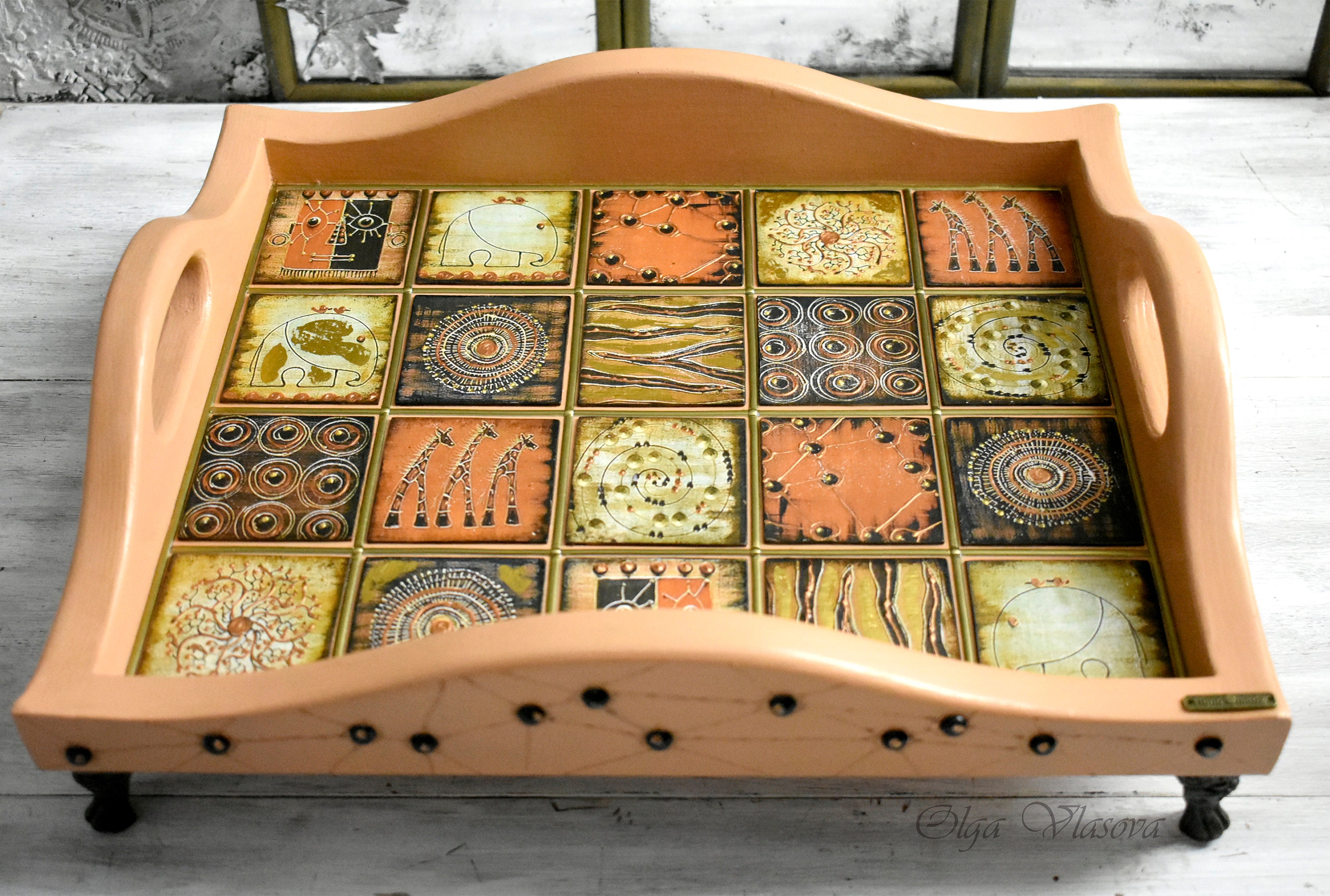 Terracotta wooden serving tray with African decor Decorative Etsy