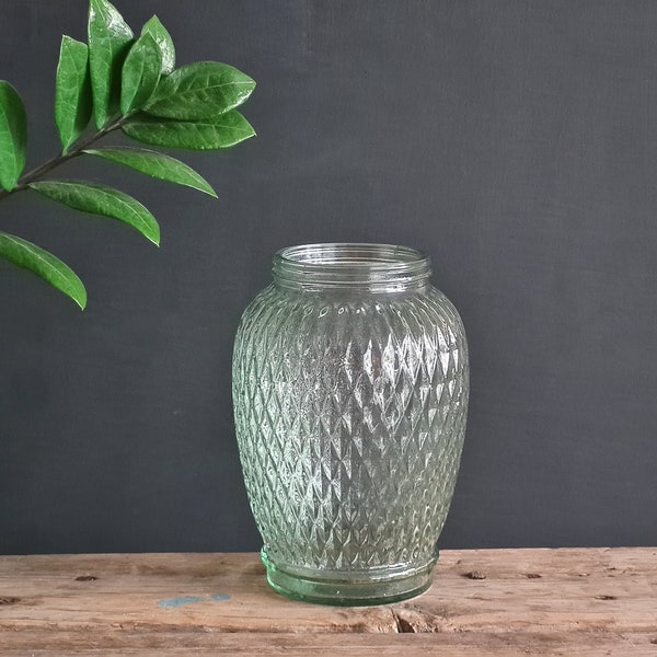 Vintage glass vase, Diamond-Cut, Soviet vintage, Green glass jar