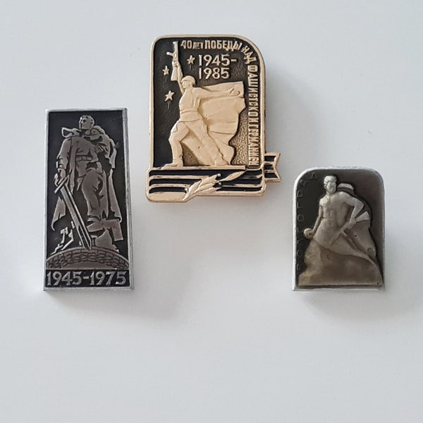 Set von 3 Sowjetunion Militärabzeichen, Russische Pins, Sammlerabzeichen, WW2, Sowjetunion Denkmäler