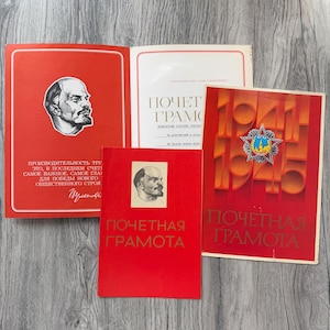 Russische Vintage Verdienstbescheinigungen, Dokumente mit dem Wappen der UdSSR, Linsenbilder, russische Memorabilien, russische Urkunde
