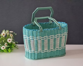 Woven plastic vintage basket, Wicker wire basket, Plastic  tote, Shopping basket retro, Big harvest basket