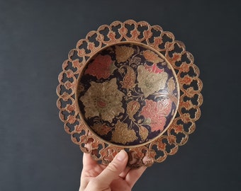 Vintage openwork metal plate, Bohemian home decor, Indian brass plate, Vintage hand enameled plate