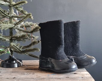 Soviet vintage kids boots, russian valenki with galoshes, USSR winter footwear 1970s, Christmas decor