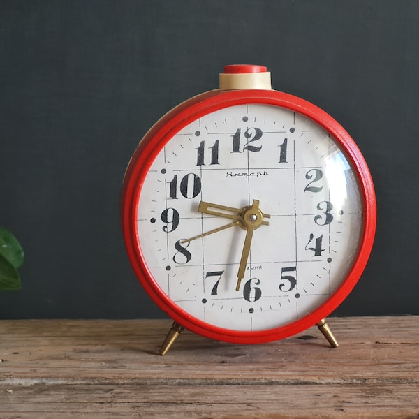 Soviet vintage Mechanical clock YANTAR, Red alarm clock in working condition, Retro home décor 1980s