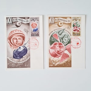 Cartões postais soviéticos com selo, cosmonauta, cartão espacial da URSS, Dia da Cosmonáutica, nave espacial, foguete espacial soviético
