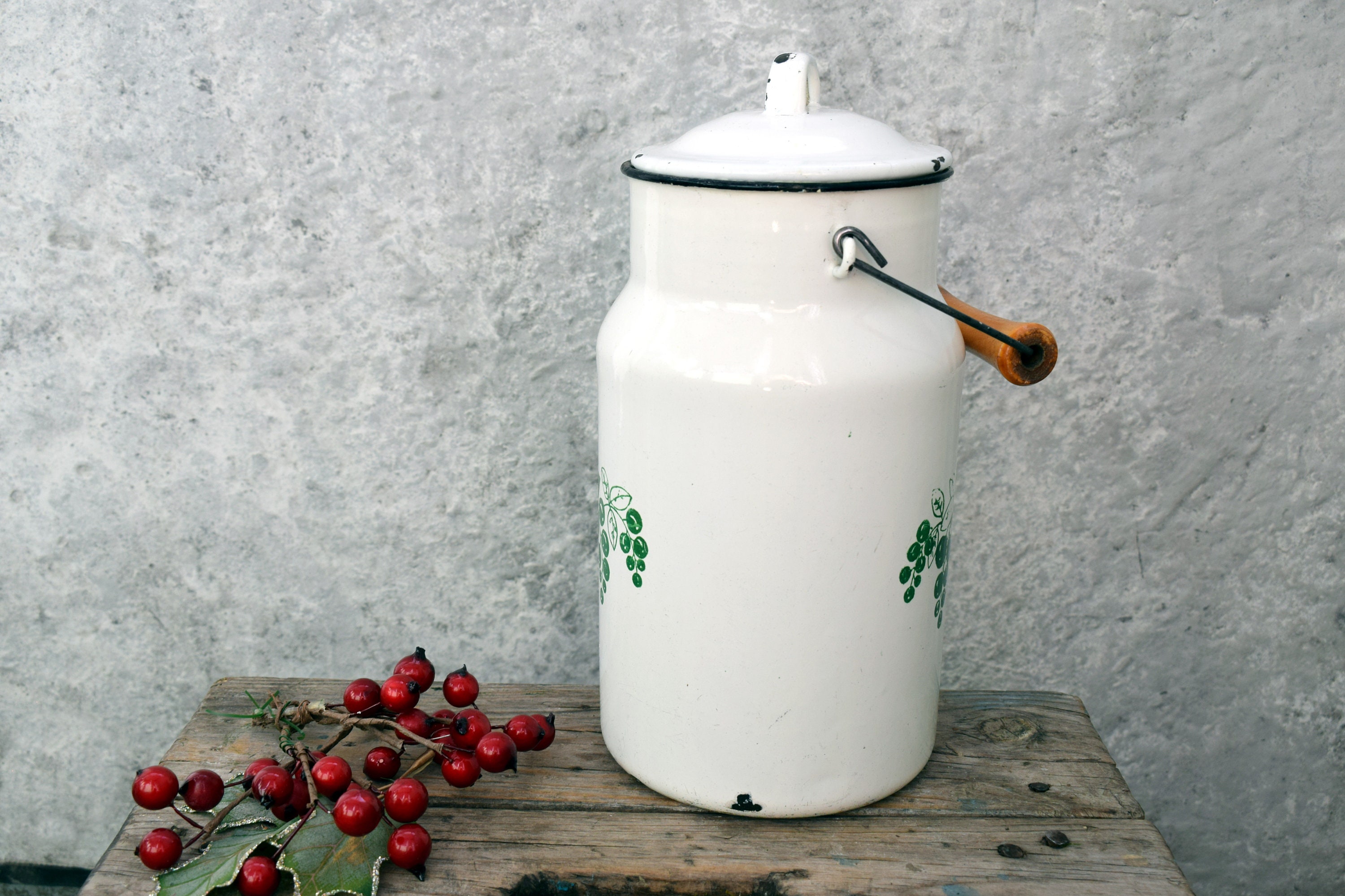 Vintage Enamel Milk Can with lid White Can with green Etsy