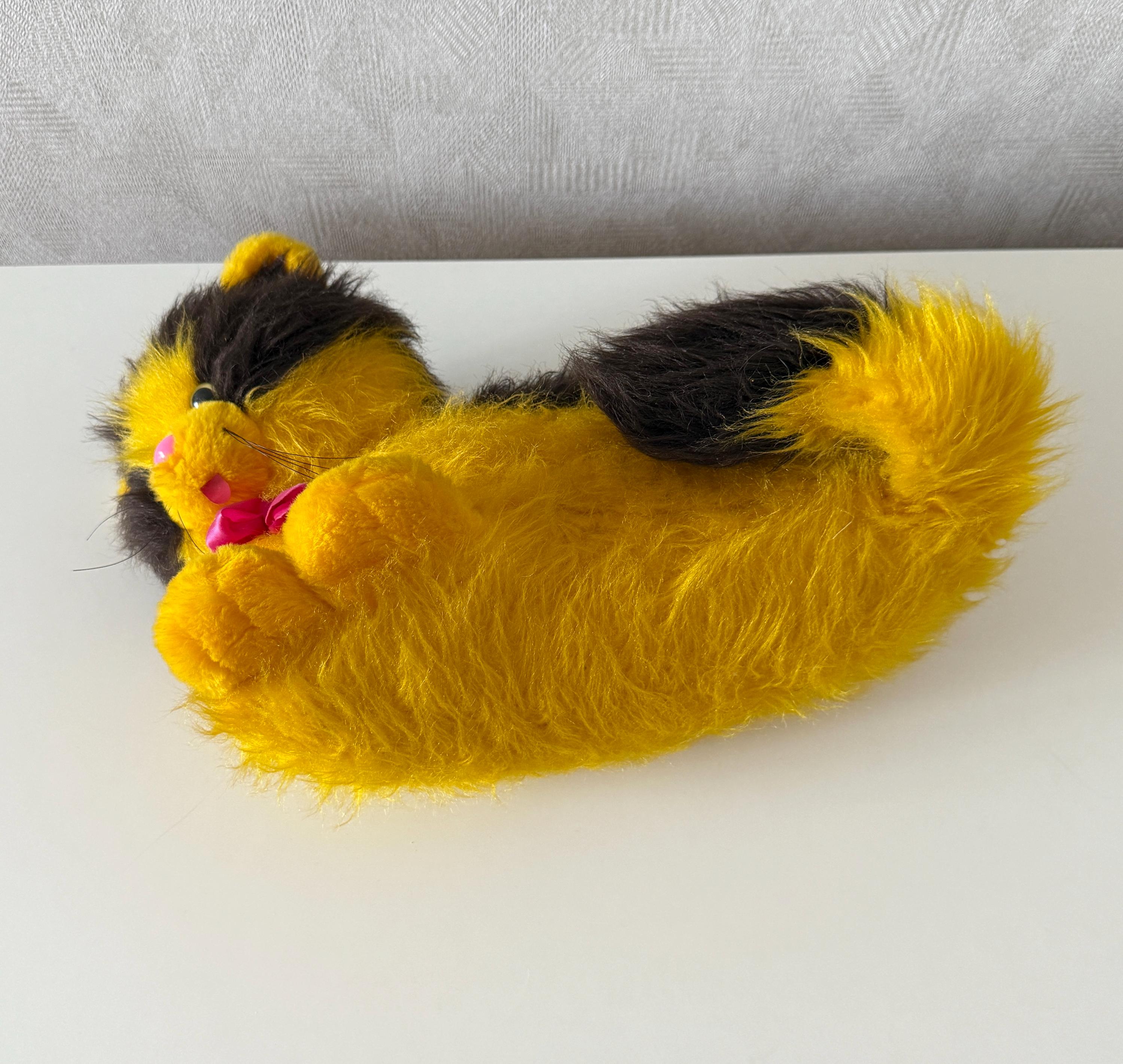 Vintage Soviet Plush Cat, 1980s USSR Stuffed Toy, Retro Yellow