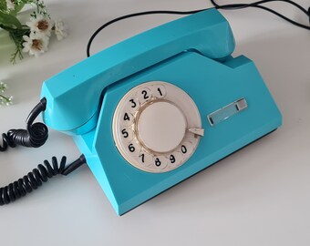 Soviet vintage rotary phone Dial desk light blue color telephone USSR