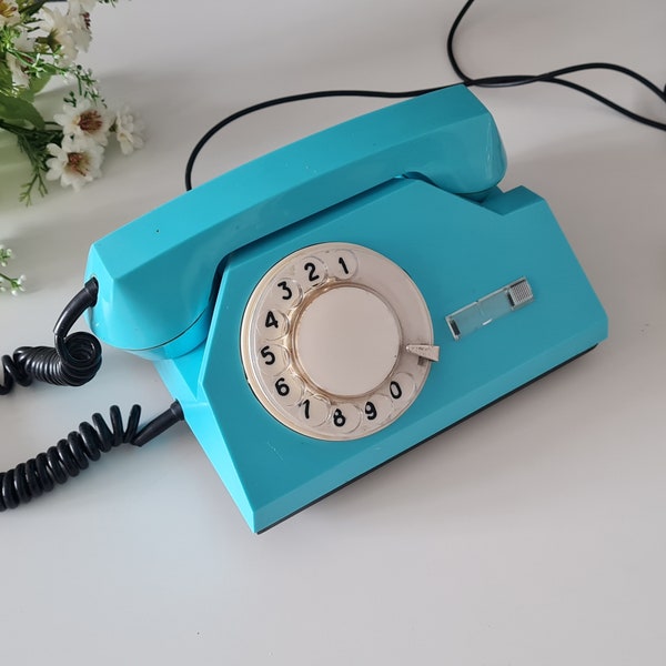 Soviet vintage rotary phone Dial desk light blue color telephone USSR