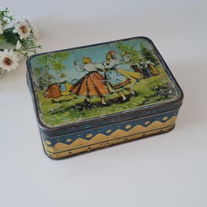 Estonian vintage metal candy box with dancing girls in folk costumes, Antique metal box, retro tin box