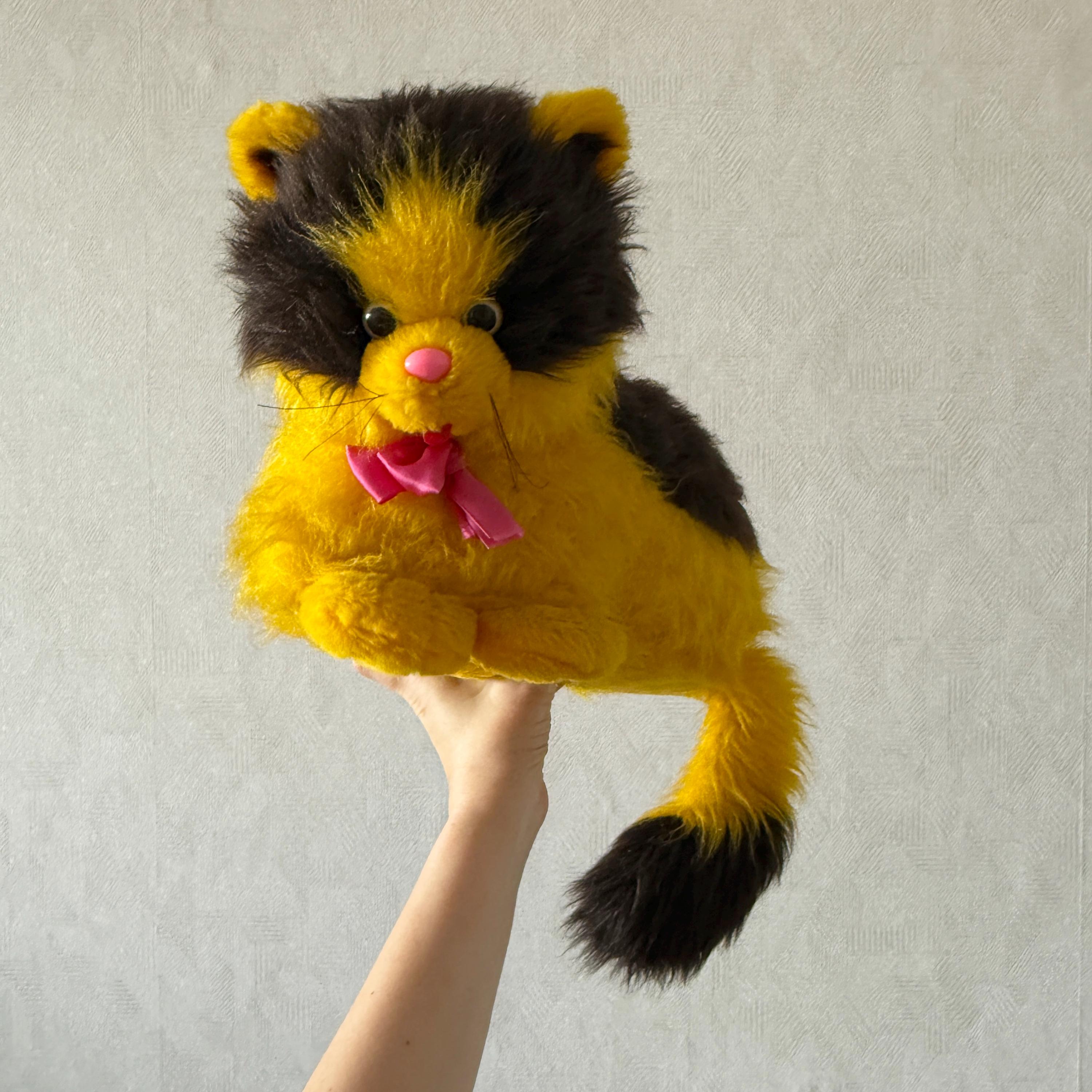Vintage Soviet Plush Cat, 1980s USSR Stuffed Toy, Retro Yellow