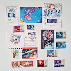 Cosmos stickers, Vintage Soviet stamps of the 1970s, USSR Space, Soyuz-Apollo, Soviet cosmonaut, Soviet ephemera