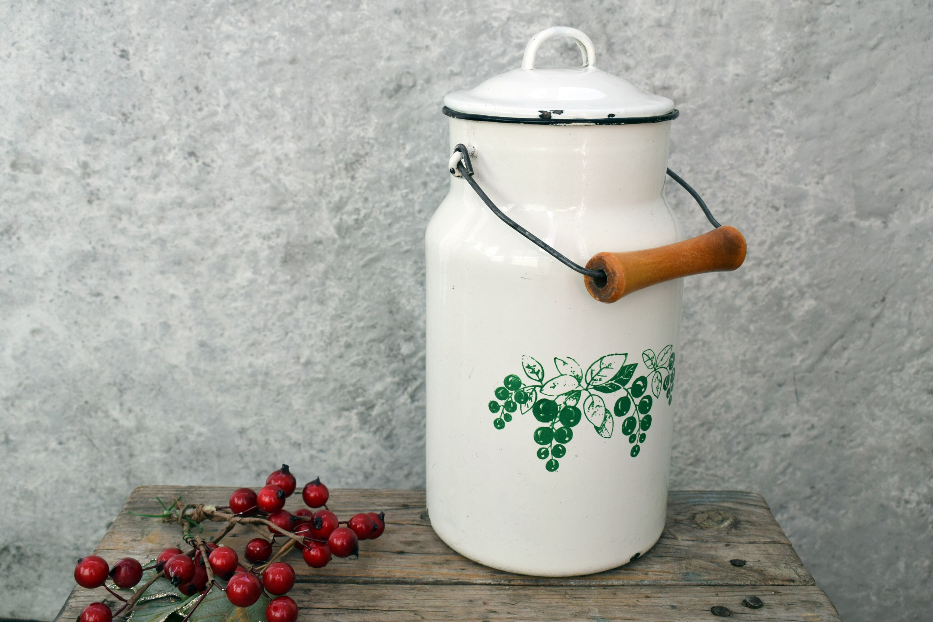 Vintage Enamel Milk Can with lid White Can with green Etsy