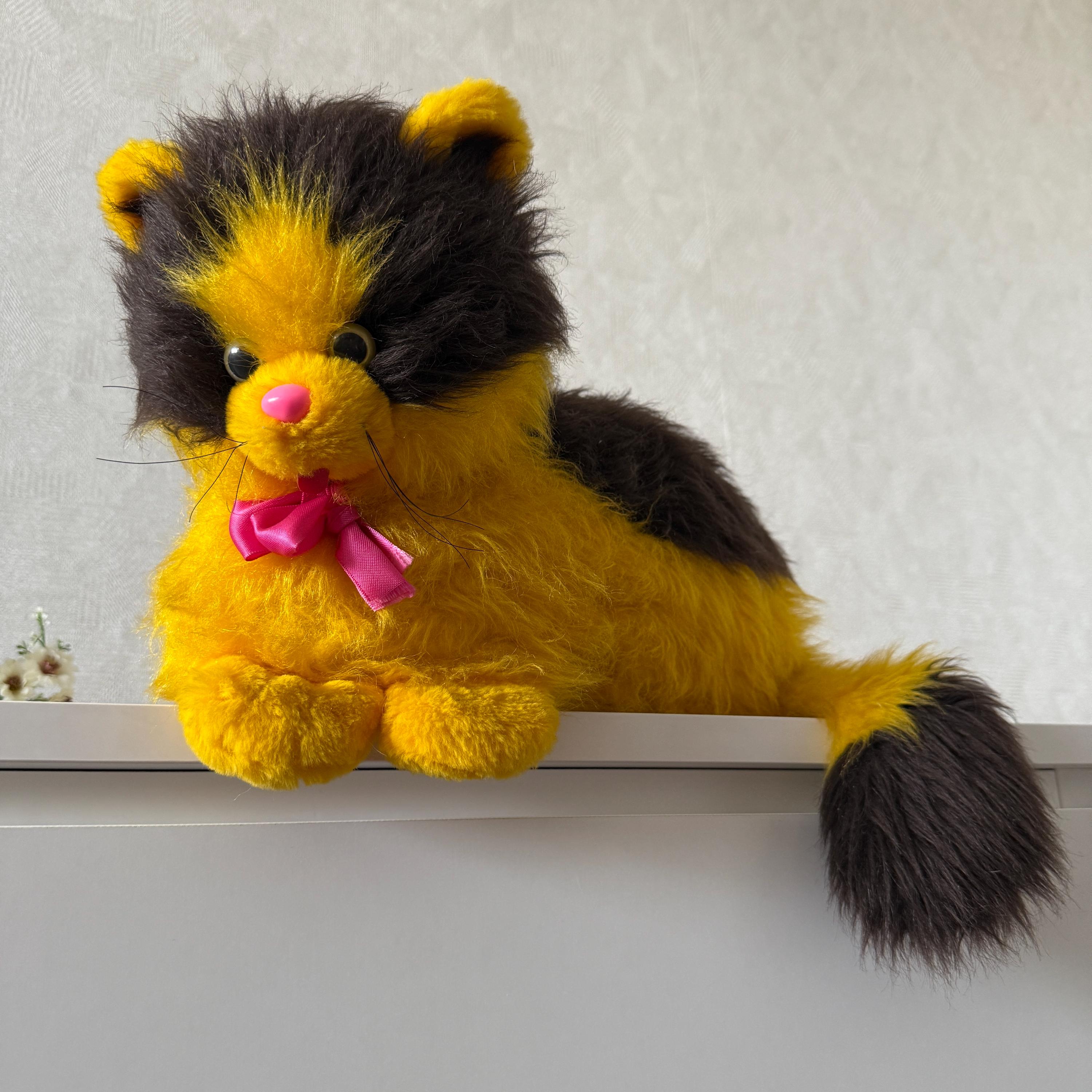 Vintage Soviet Plush Cat, 1980s USSR Stuffed Toy, Retro Yellow