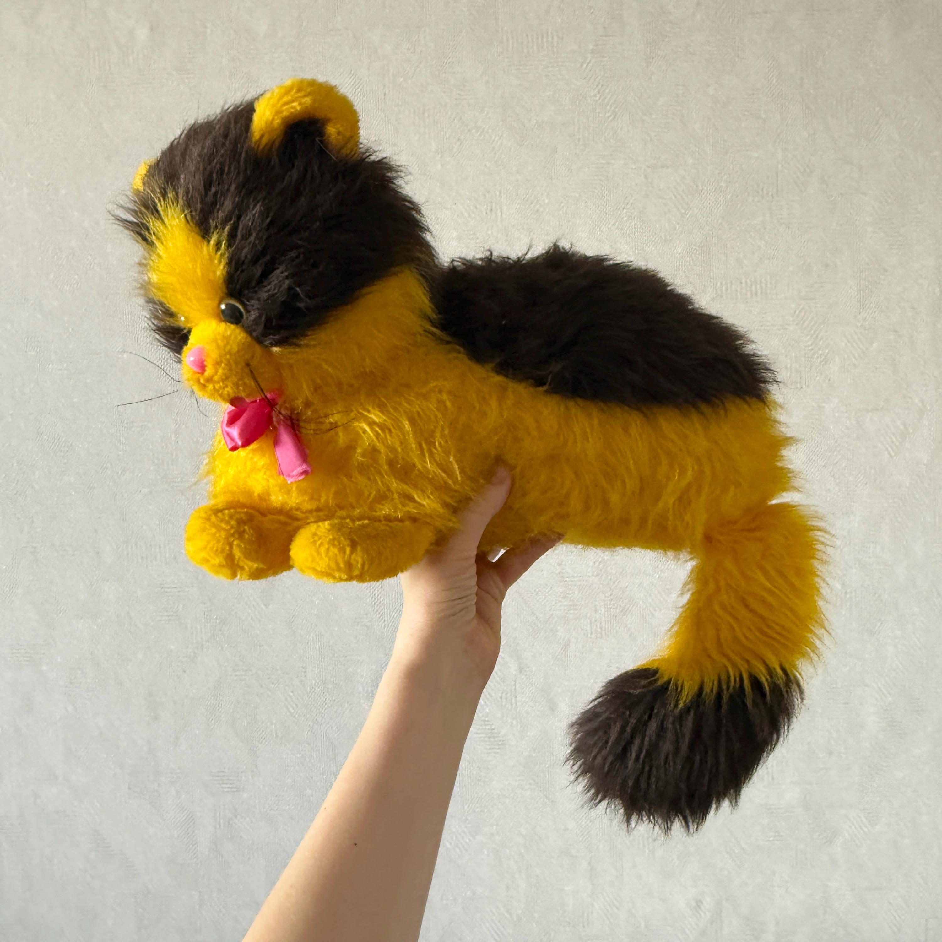 Vintage Soviet Plush Cat, 1980s USSR Stuffed Toy, Retro Yellow