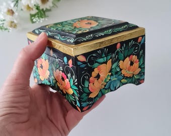 Vintage hand painted wooden Trinket Stash Box, small jewelry box with turquoise and orange flowers, wooden casket, Ukrainian vintage