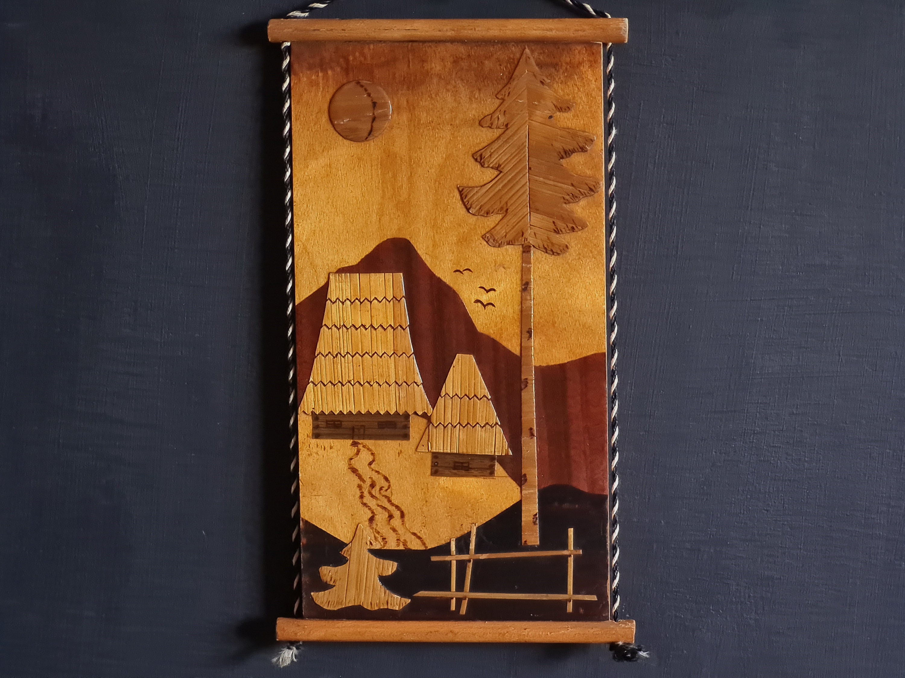 Vintage wall hanging straw art, Soviet vintage home decor, Wooden picture, Village houses, Ukrainian straw picture