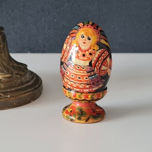 Small wooden decor, hand painted Easter egg, Ukrainian girl in national costume, Easter gift, Wooden egg art, Collectible