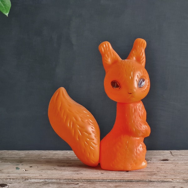 Orange Squirrel, Soviet vintage toy, Russian plastic animal toy, 1970s Soviet era