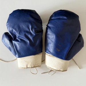 May include: A pair of blue and white boxing gloves. The gloves are made of leather and have a white trim around the wrist.