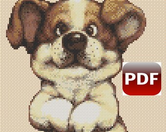 May include: Cross stitch pattern of a cute brown and white dog with big eyes and a big smile. The dog is standing on its hind legs with its front paws crossed. The pattern is in PDF format.