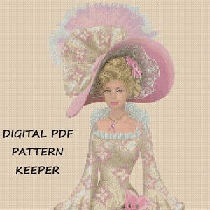May include: A cross stitch pattern featuring a woman in a pink dress and hat, holding an umbrella. The pattern is titled "Digital PDF Pattern Keeper".