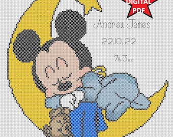 Electronic Printable PDF Cross Stitch Chart Mickey Mouse on the moon New Baby Birth Sampler Birth Announcement