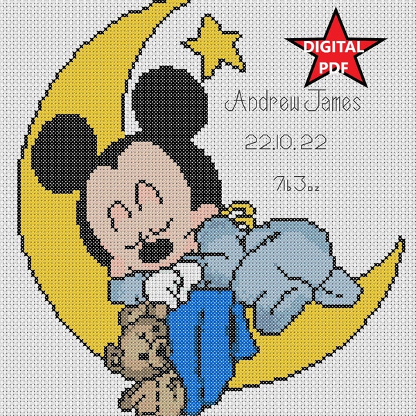 Electronic Printable PDF Cross Stitch Chart Mickey Mouse on the moon New Baby Birth Sampler Birth Announcement