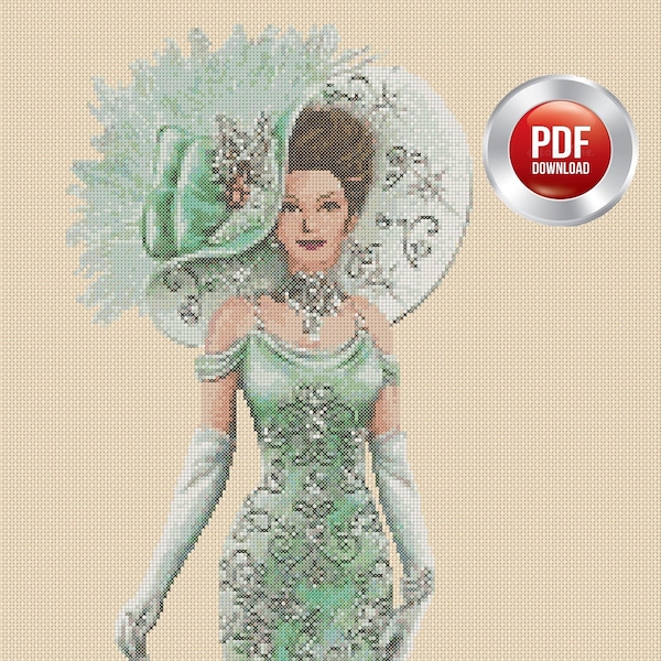 Digital Download PDF Cross Stitch Chart Elegant Lady No. 156 green / aqua