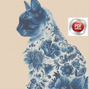 Delft Blue Cat Digital Download PDF Cross Stitch Chart Cat No. 519