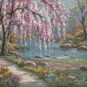 Printable Downloadable PDF Cross Stitch Chart Spring Blossom River - no. 409